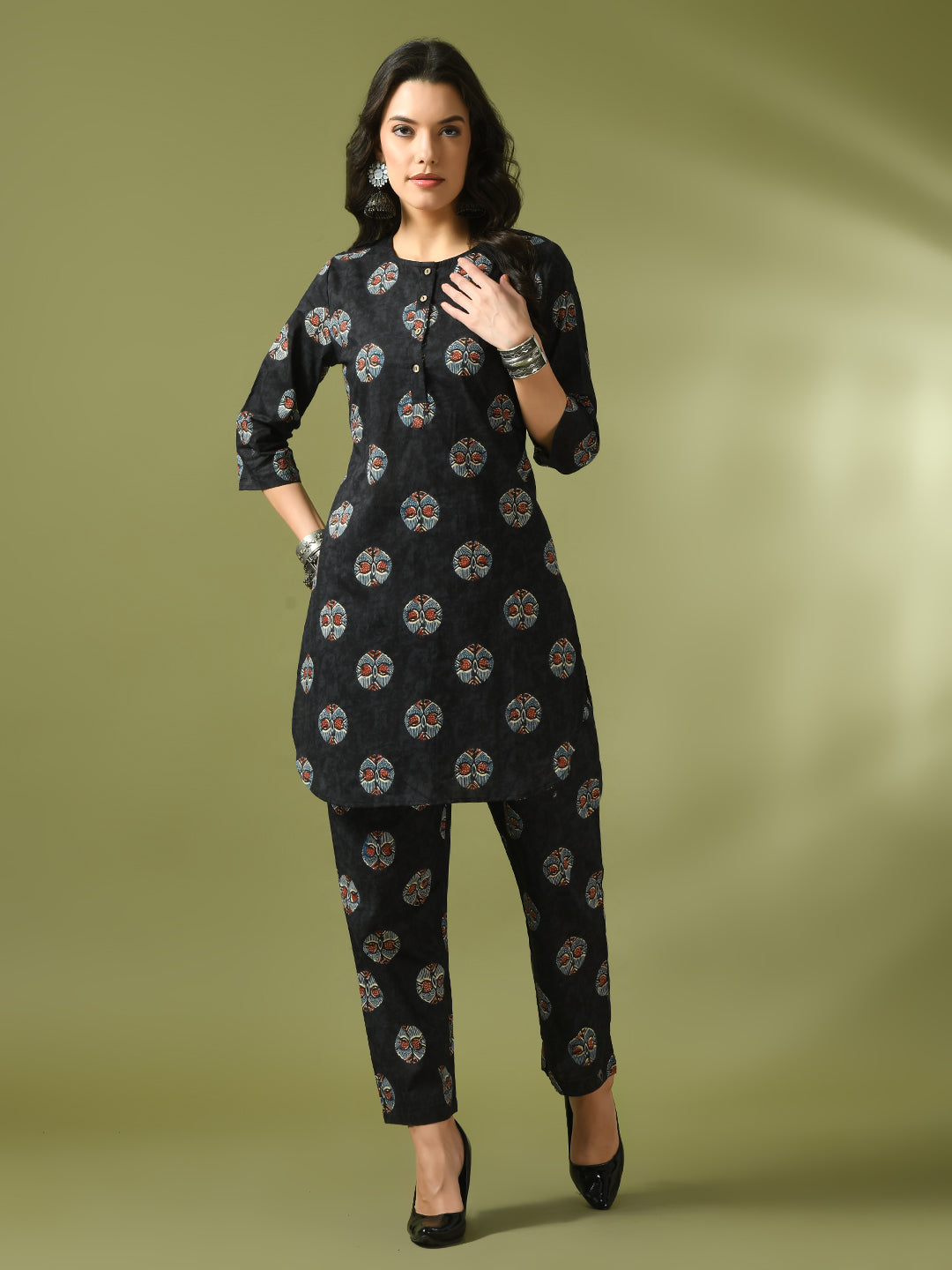 Women's  Black Printed Cotton Round Neck Party Tunic With Trousers Co-Ord Set