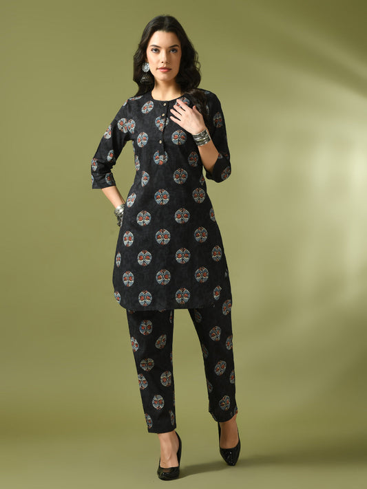 Women's  Black Printed Cotton Round Neck Party Tunic With Trousers Co-Ord Set