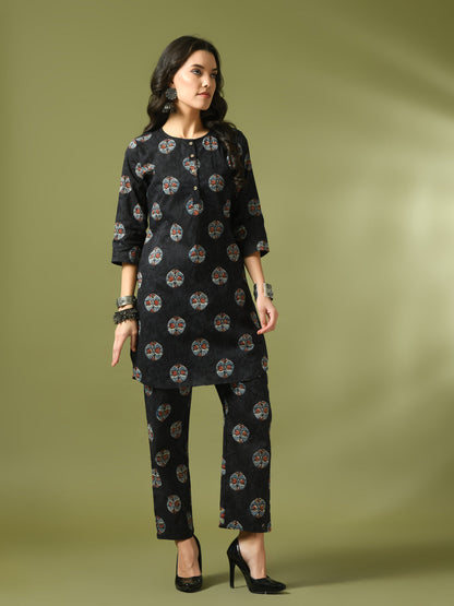 Women's  Black Printed Cotton Round Neck Party Tunic With Trousers Co-Ord Set