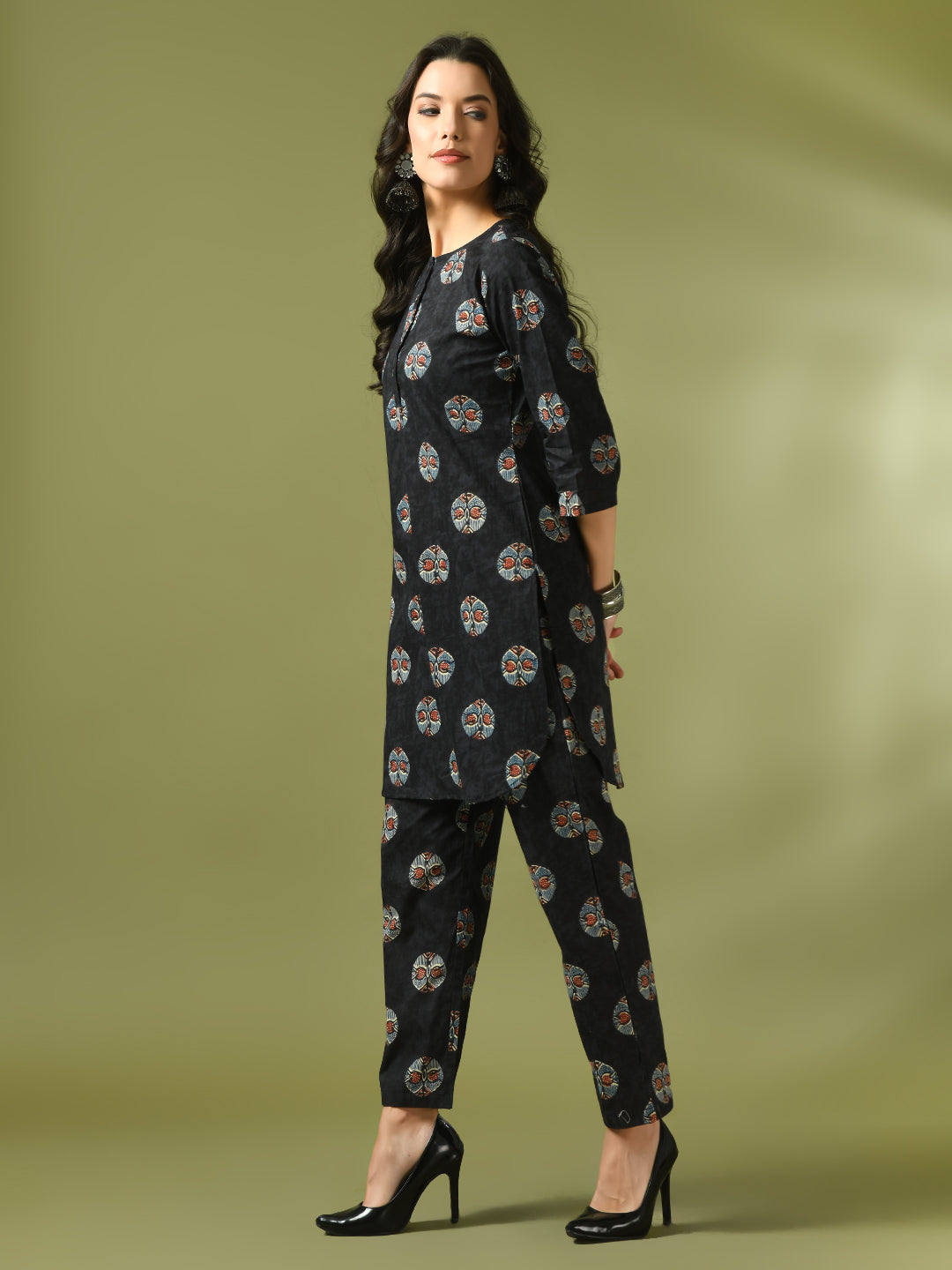 Women's  Black Printed Cotton Round Neck Party Tunic With Trousers Co-Ord Set