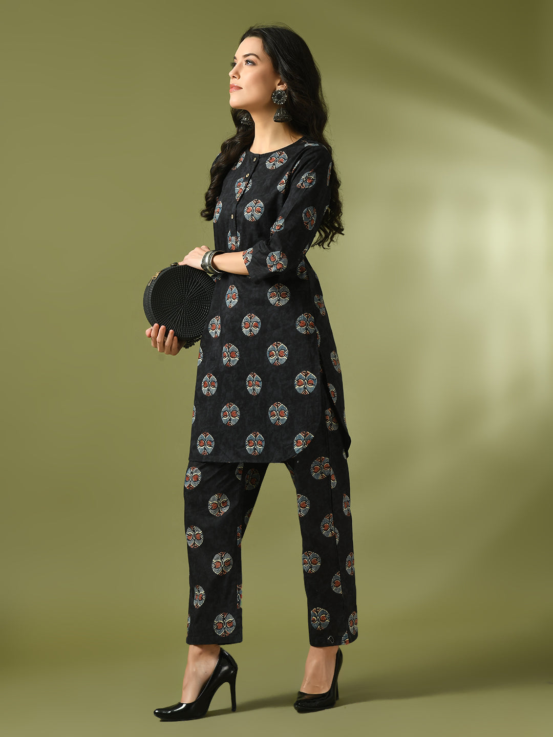 Women's  Black Printed Cotton Round Neck Party Tunic With Trousers Co-Ord Set