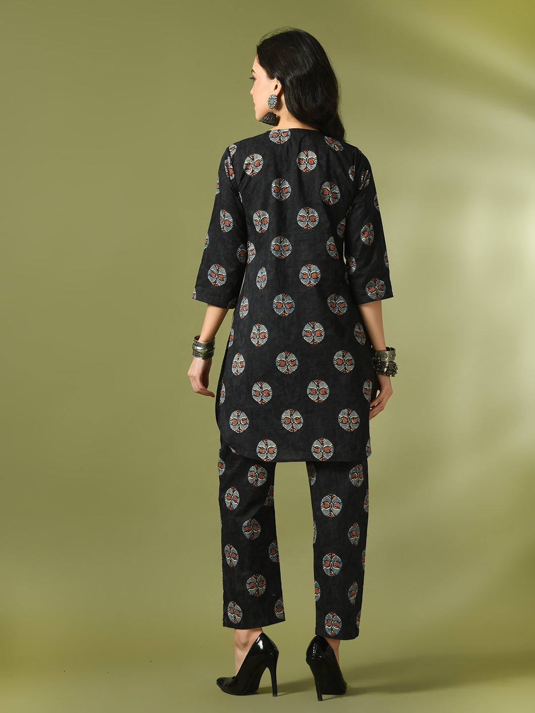 Women's  Black Printed Cotton Round Neck Party Tunic With Trousers Co-Ord Set