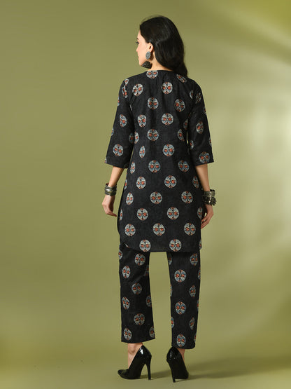 Women's  Black Printed Cotton Round Neck Party Tunic With Trousers Co-Ord Set