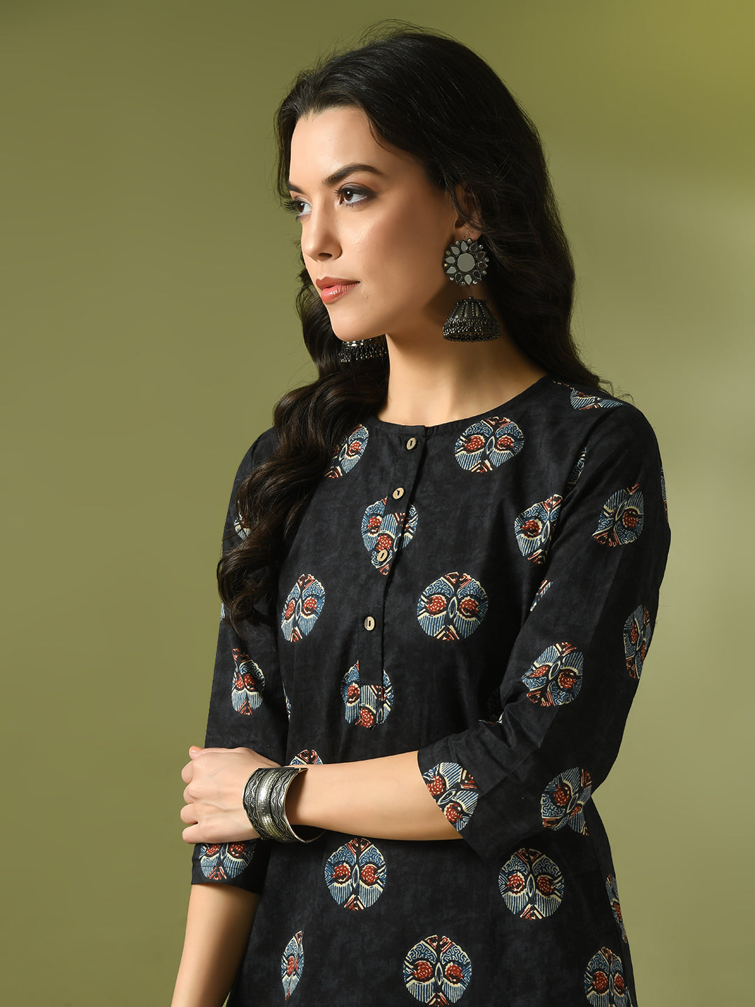 Women's  Black Printed Cotton Round Neck Party Tunic With Trousers Co-Ord Set