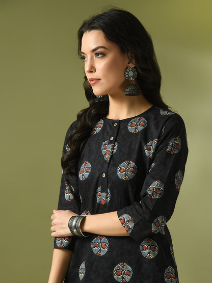 Women's  Black Printed Cotton Round Neck Party Tunic With Trousers Co-Ord Set