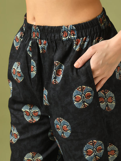 Women's  Black Printed Cotton Round Neck Party Tunic With Trousers Co-Ord Set
