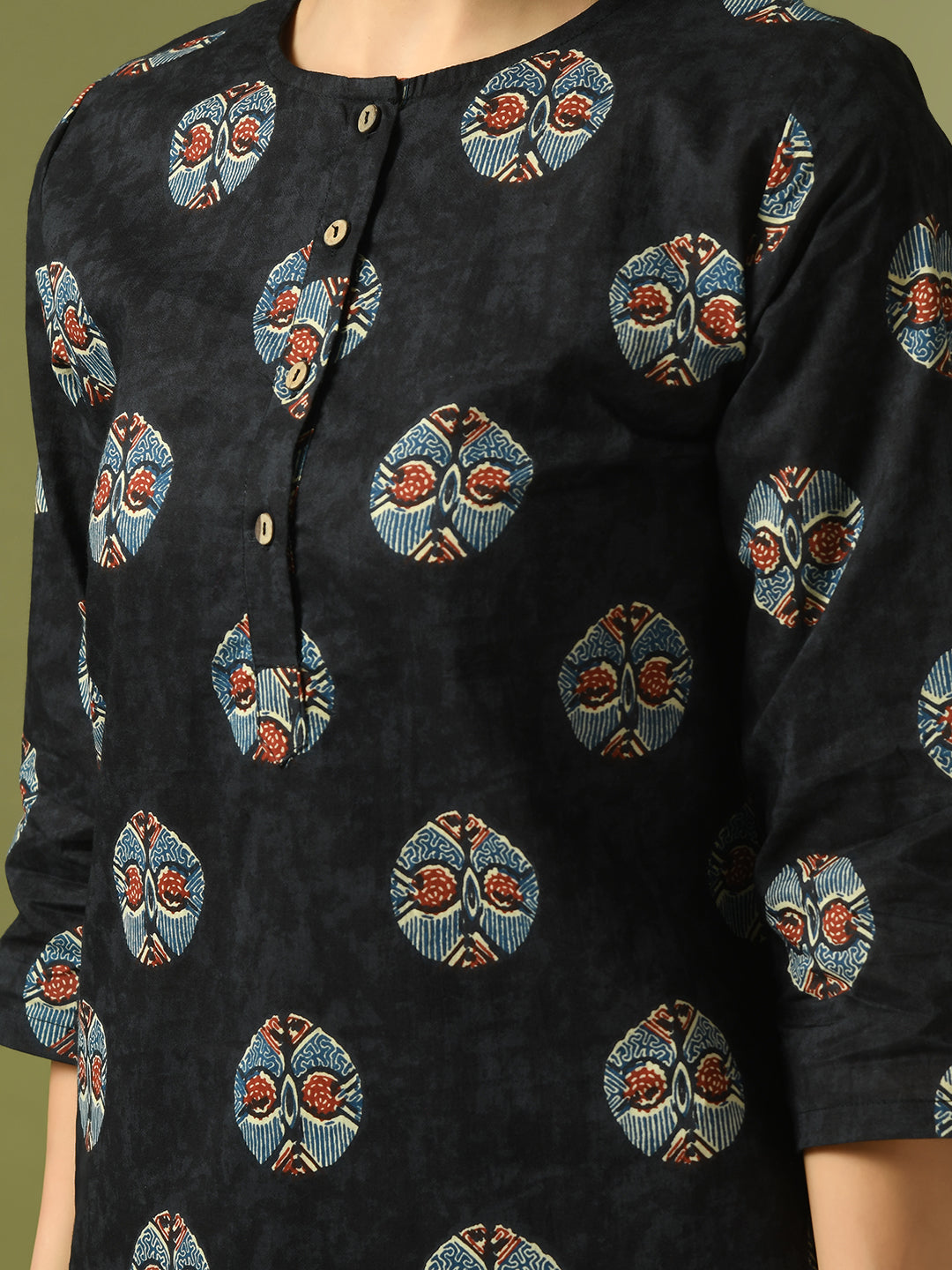 Women's  Black Printed Cotton Round Neck Party Tunic With Trousers Co-Ord Set