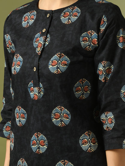 Women's  Black Printed Cotton Round Neck Party Tunic With Trousers Co-Ord Set