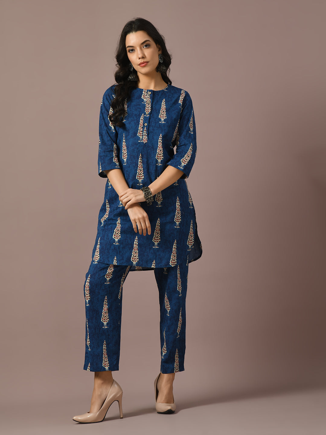 Women's  Blue Printed Cotton Round Neck Party Tunic With Trousers Co-Ord Set