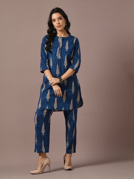 Women's  Blue Printed Cotton Round Neck Party Tunic With Trousers Co-Ord Set