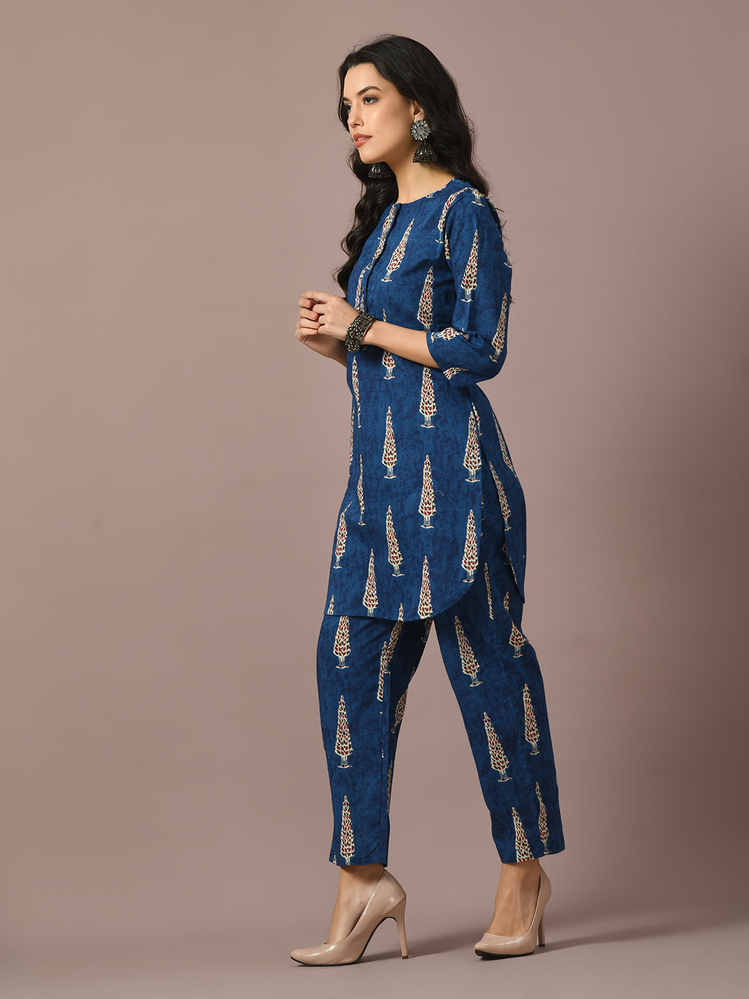 Women's  Blue Printed Cotton Round Neck Party Tunic With Trousers Co-Ord Set