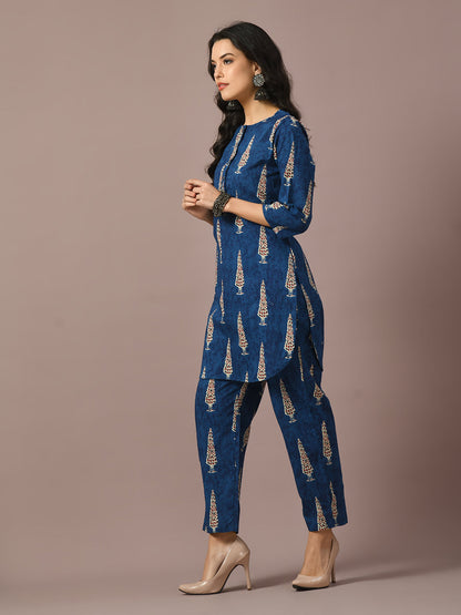 Women's  Blue Printed Cotton Round Neck Party Tunic With Trousers Co-Ord Set