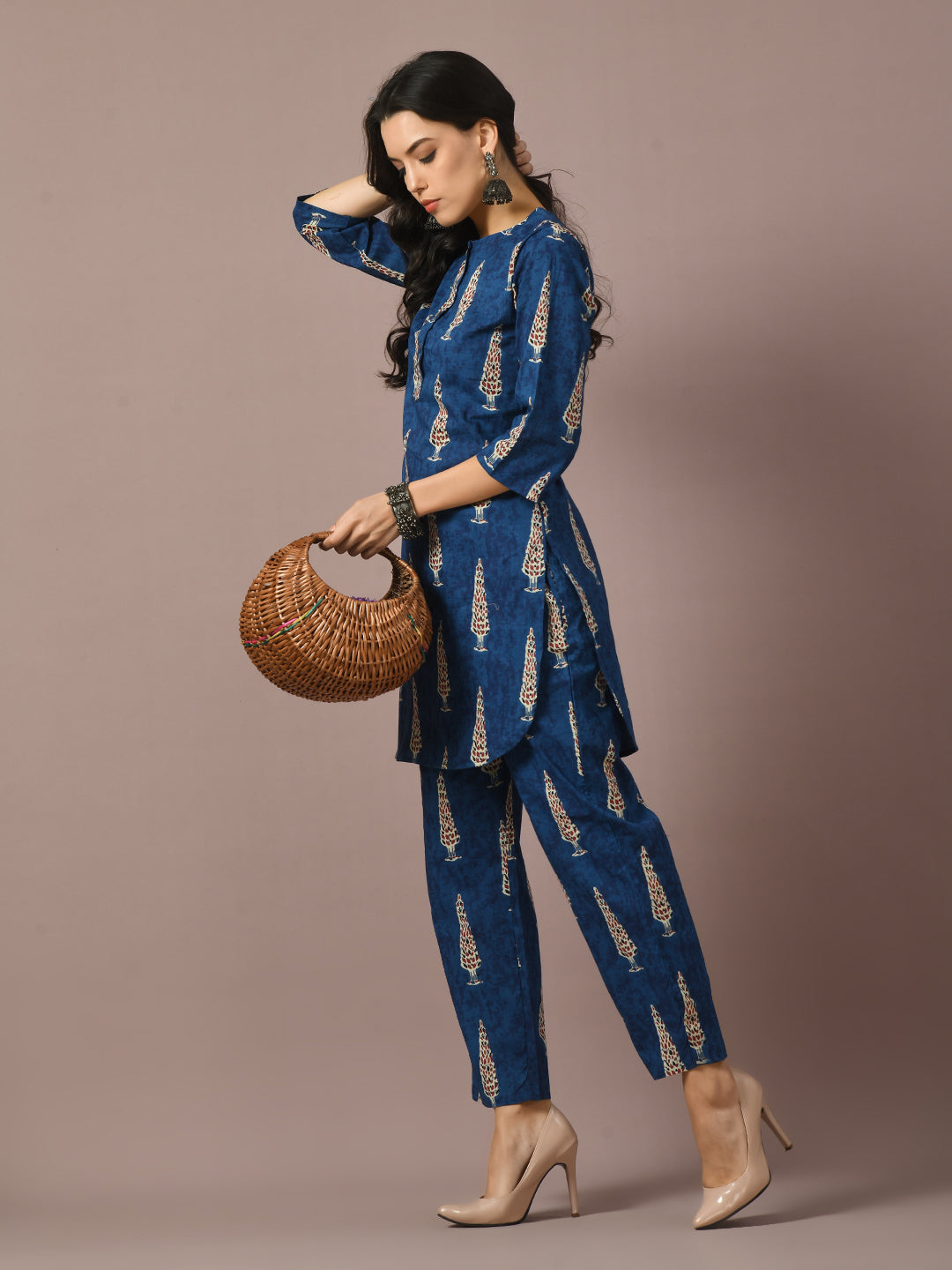 Women's  Blue Printed Cotton Round Neck Party Tunic With Trousers Co-Ord Set