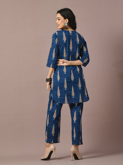 Women's  Blue Printed Cotton Round Neck Party Tunic With Trousers Co-Ord Set
