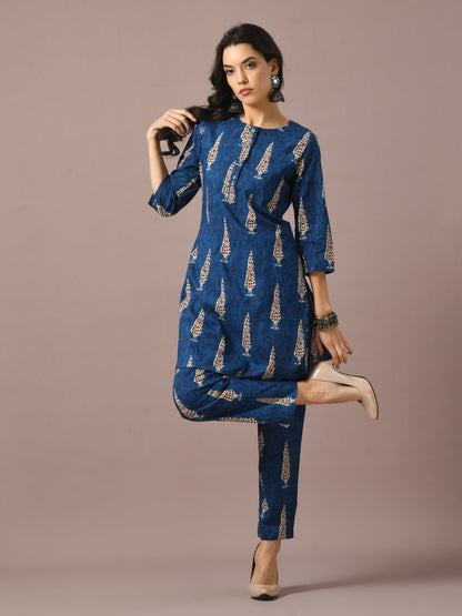 Women's  Blue Printed Cotton Round Neck Party Tunic With Trousers Co-Ord Set