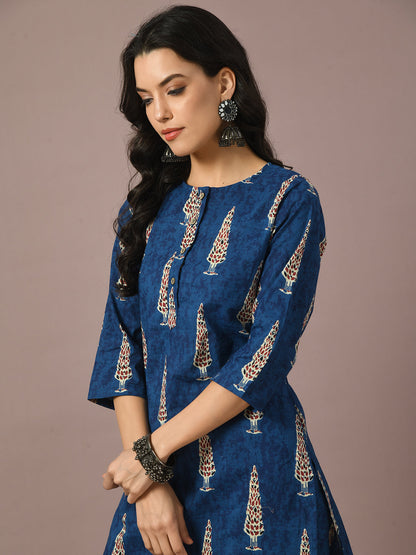 Women's  Blue Printed Cotton Round Neck Party Tunic With Trousers Co-Ord Set