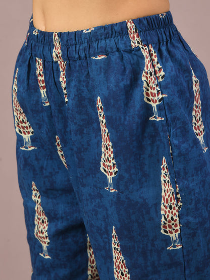 Women's  Blue Printed Cotton Round Neck Party Tunic With Trousers Co-Ord Set