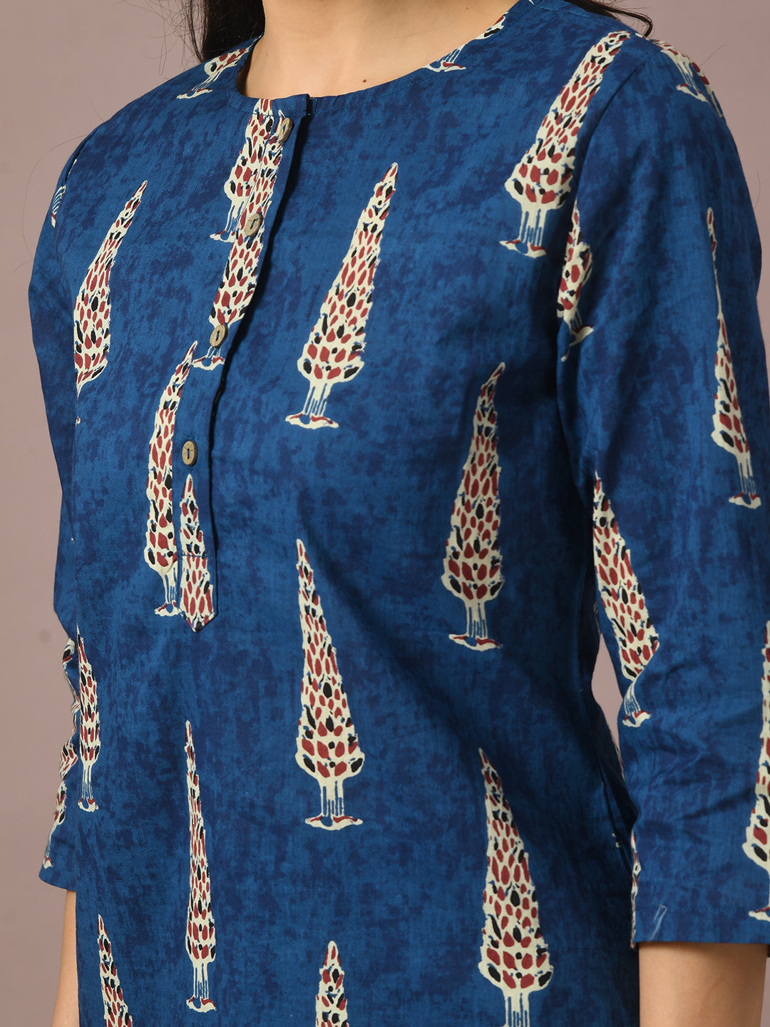 Women's  Blue Printed Cotton Round Neck Party Tunic With Trousers Co-Ord Set