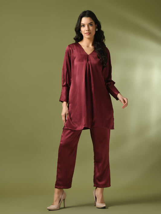 Women's  Maroon Solid Satin V-Neck Party Tunic With Trousers Co-Ord Set