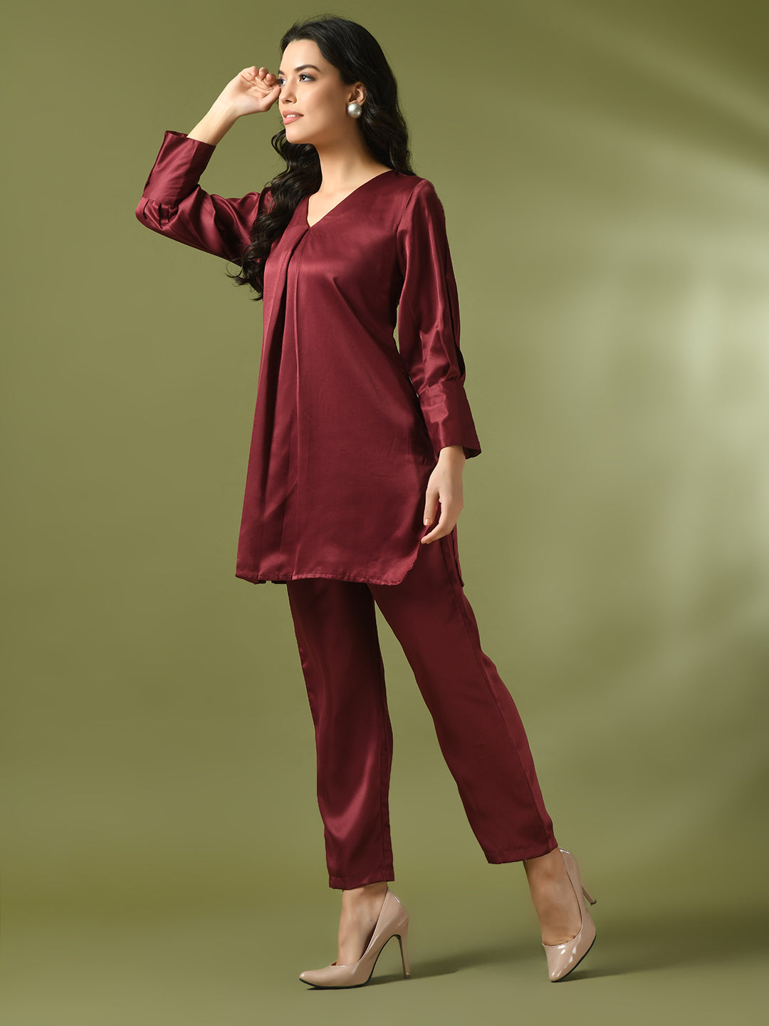 Women's  Maroon Solid Satin V-Neck Party Tunic With Trousers Co-Ord Set