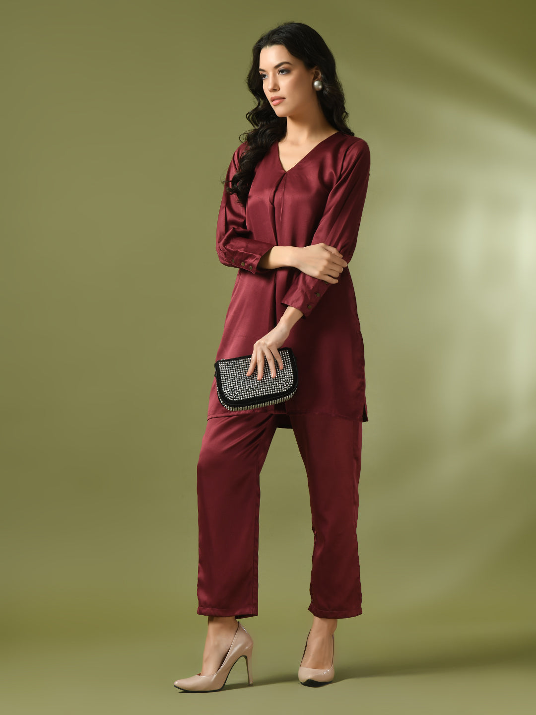 Women's  Maroon Solid Satin V-Neck Party Tunic With Trousers Co-Ord Set