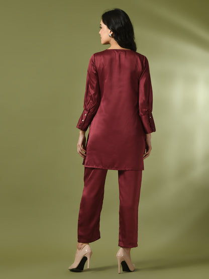 Women's  Maroon Solid Satin V-Neck Party Tunic With Trousers Co-Ord Set