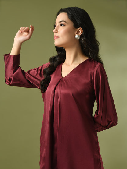 Women's  Maroon Solid Satin V-Neck Party Tunic With Trousers Co-Ord Set