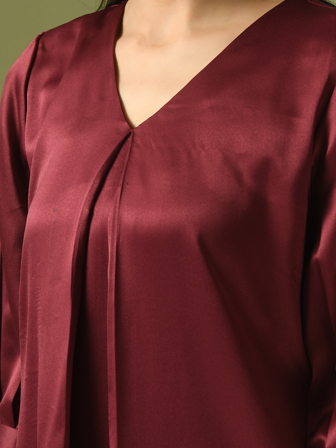 Women's  Maroon Solid Satin V-Neck Party Tunic With Trousers Co-Ord Set