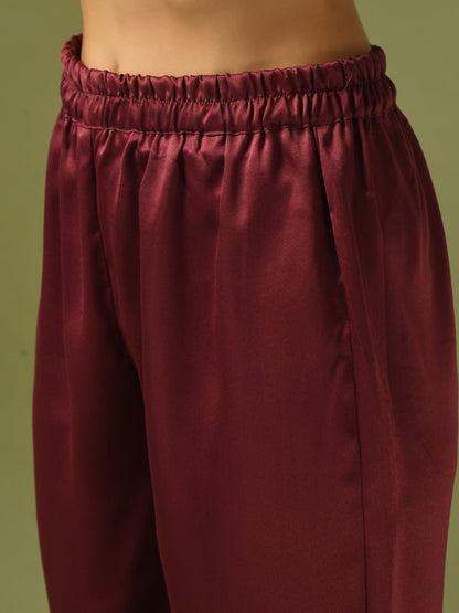 Women's  Maroon Solid Satin V-Neck Party Tunic With Trousers Co-Ord Set