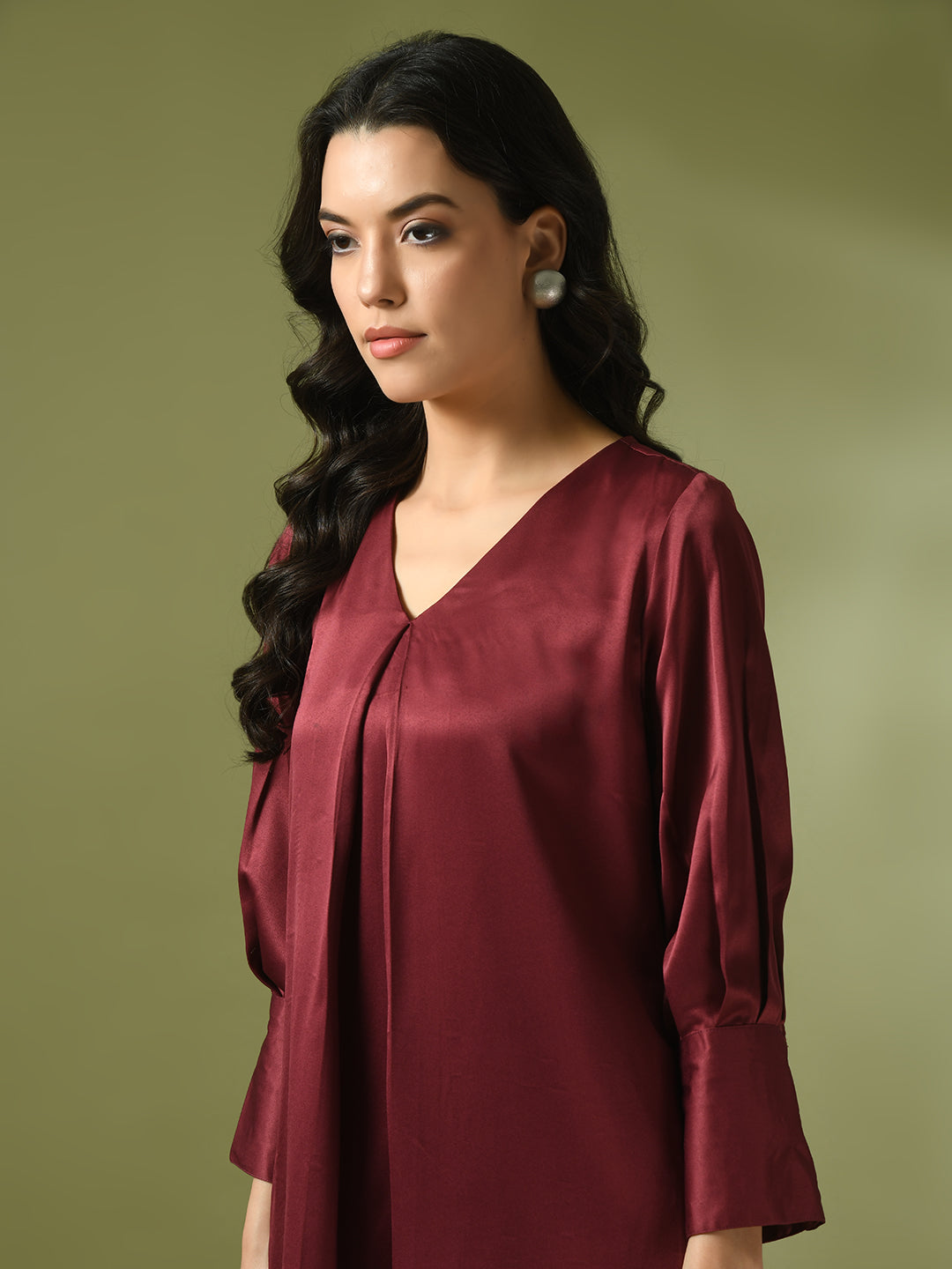 Women's  Maroon Solid Satin V-Neck Party Tunic With Trousers Co-Ord Set