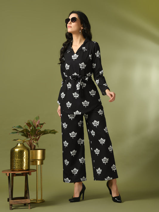 Women's  Black Printed Polo Collar Party Top With Trousers Co-Ord Set