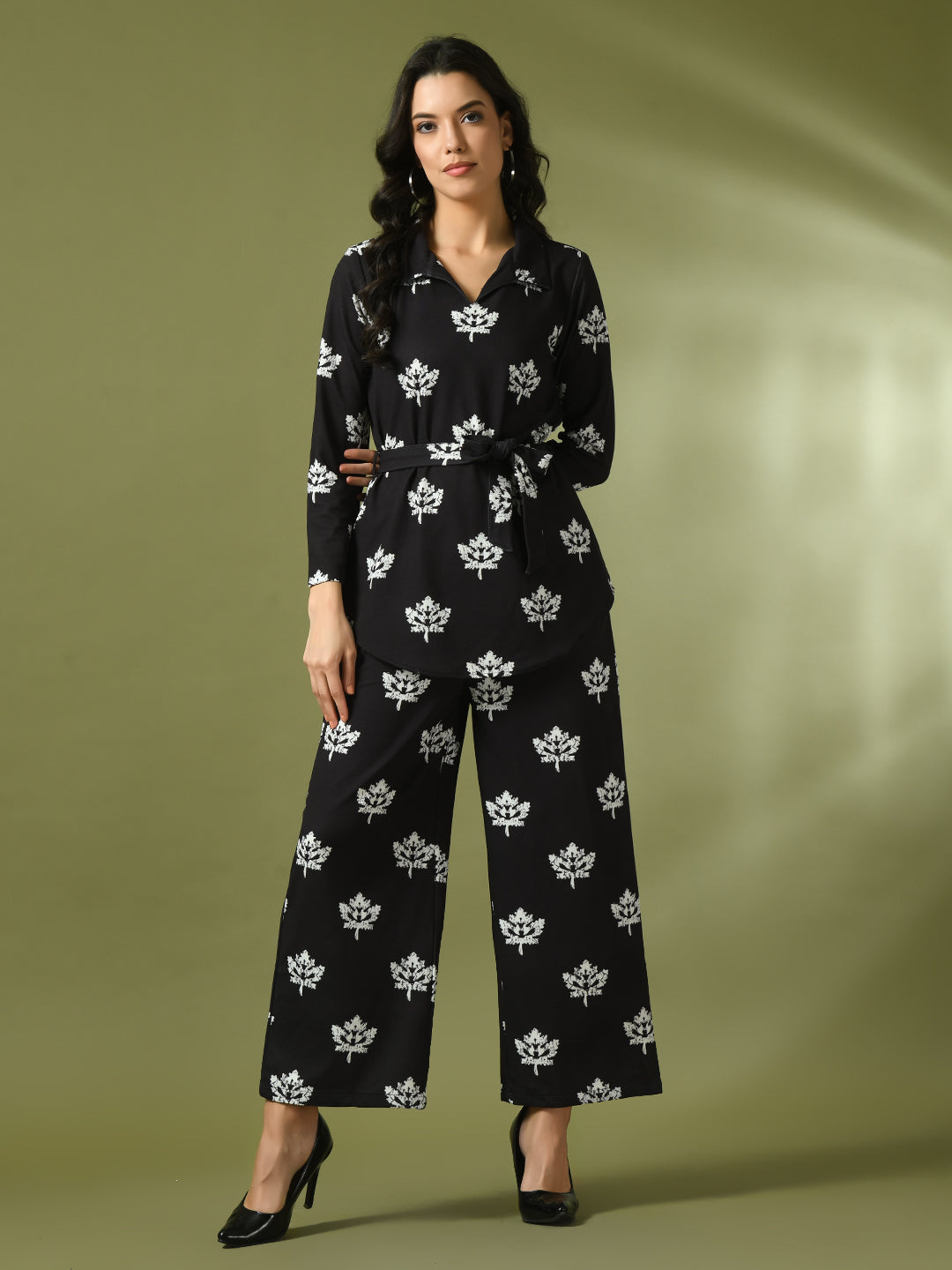 Women's  Black Printed Polo Collar Party Top With Trousers Co-Ord Set