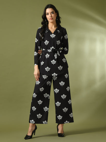 Women's  Black Printed Polo Collar Party Top With Trousers Co-Ord Set
