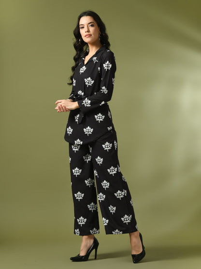 Women's  Black Printed Polo Collar Party Top With Trousers Co-Ord Set