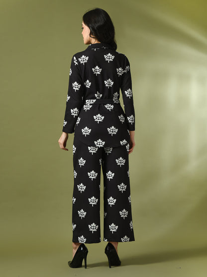 Women's  Black Printed Polo Collar Party Top With Trousers Co-Ord Set