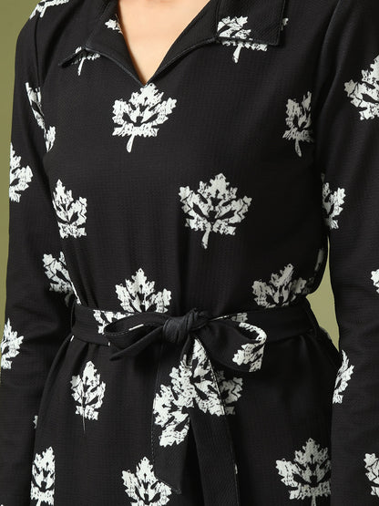 Women's  Black Printed Polo Collar Party Top With Trousers Co-Ord Set