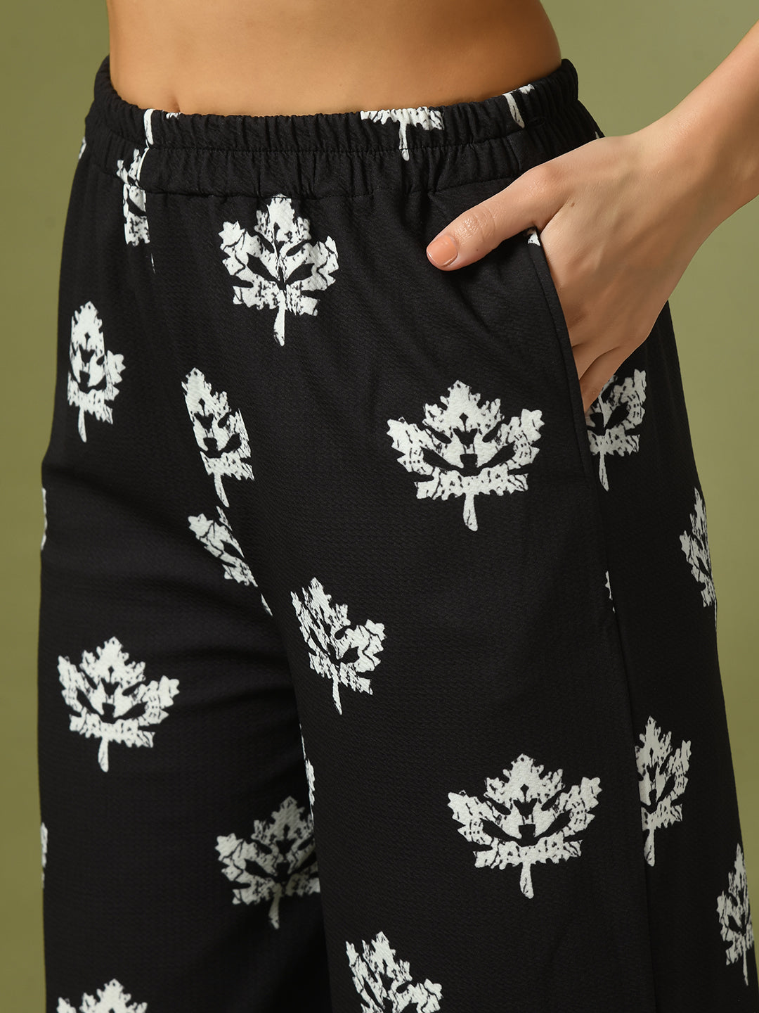 Women's  Black Printed Polo Collar Party Top With Trousers Co-Ord Set
