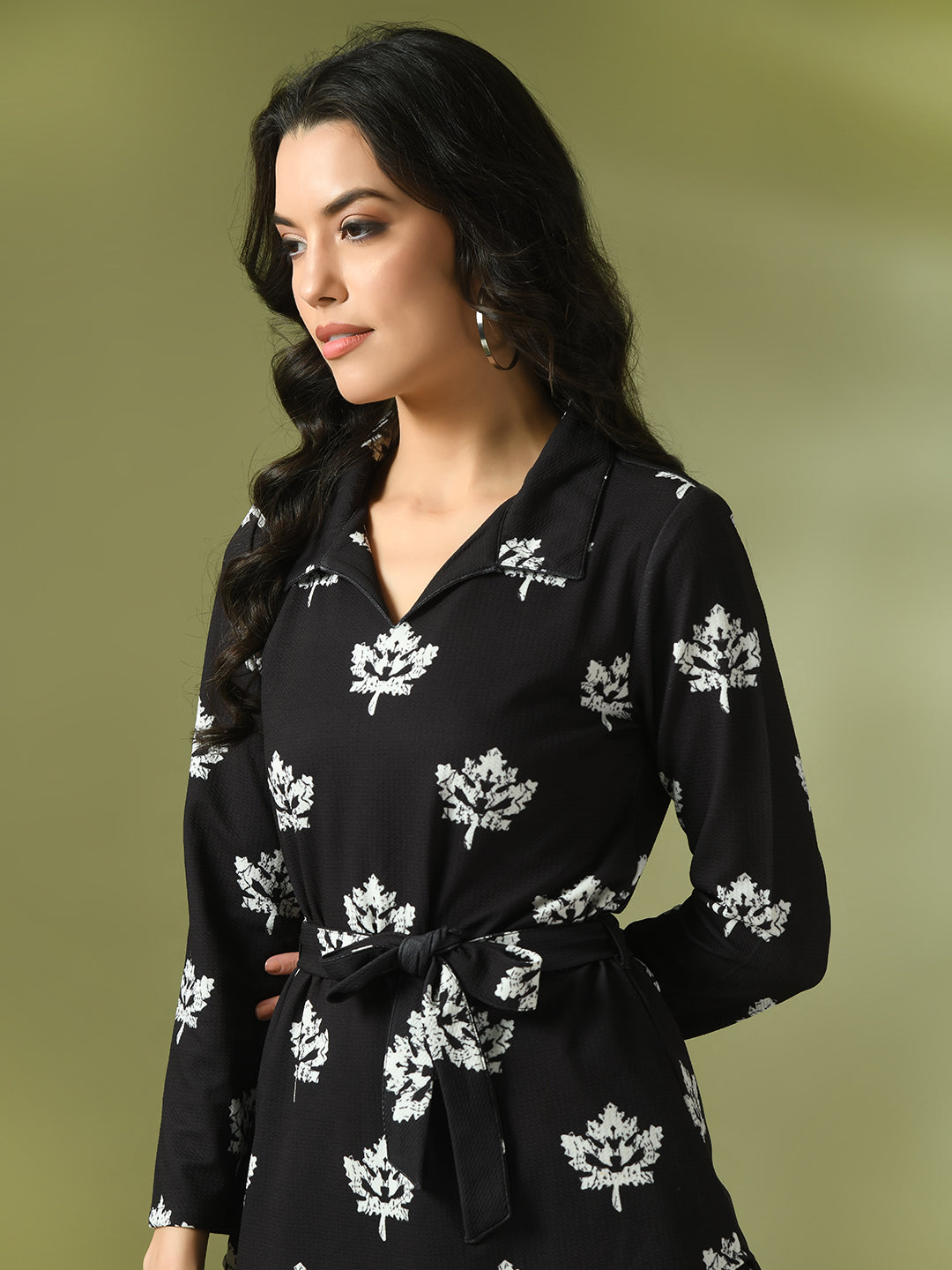 Women's  Black Printed Polo Collar Party Top With Trousers Co-Ord Set