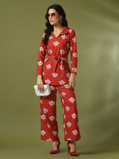 Women's  Rust Printed Polo Collar Party Top With Trousers Co-Ord Set