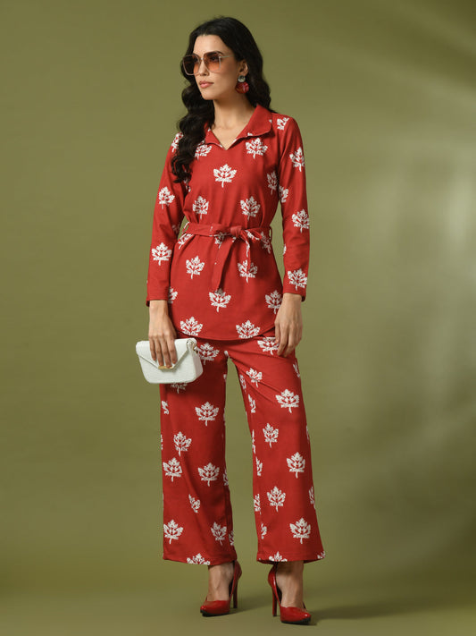 Women's  Rust Printed Polo Collar Party Top With Trousers Co-Ord Set