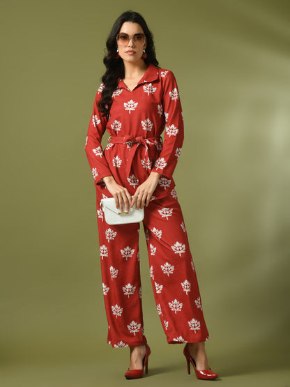 Women's  Rust Printed Polo Collar Party Top With Trousers Co-Ord Set