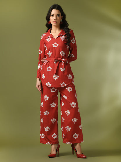 Women's  Rust Printed Polo Collar Party Top With Trousers Co-Ord Set