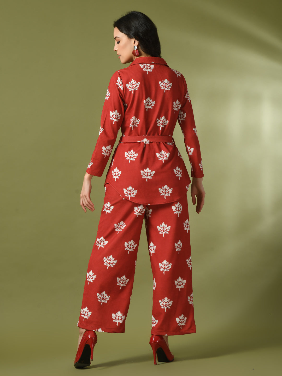 Women's  Rust Printed Polo Collar Party Top With Trousers Co-Ord Set