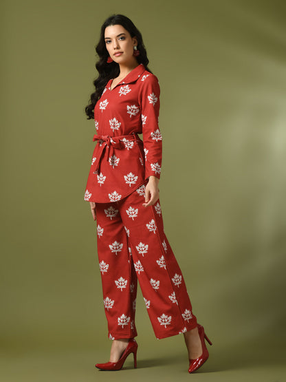 Women's  Rust Printed Polo Collar Party Top With Trousers Co-Ord Set