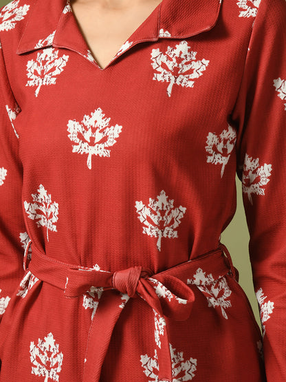 Women's  Rust Printed Polo Collar Party Top With Trousers Co-Ord Set