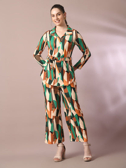 Women's  Multi Printed Polo Collar Party Top With Trousers Co-Ord Set