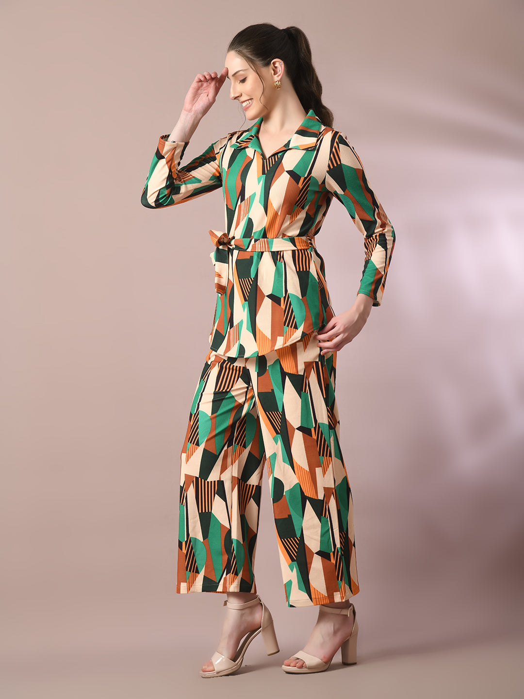 Women's  Multi Printed Polo Collar Party Top With Trousers Co-Ord Set