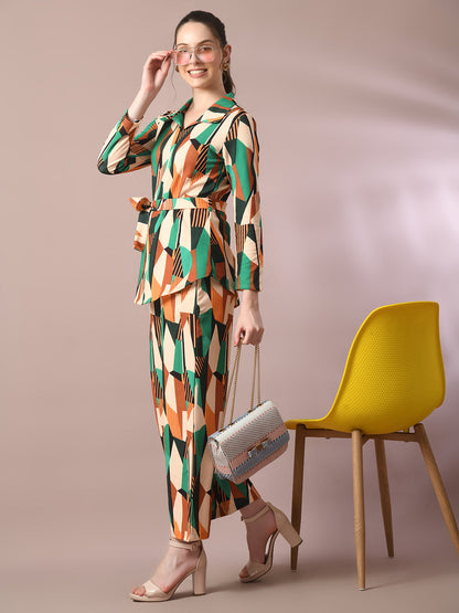 Women's  Multi Printed Polo Collar Party Top With Trousers Co-Ord Set