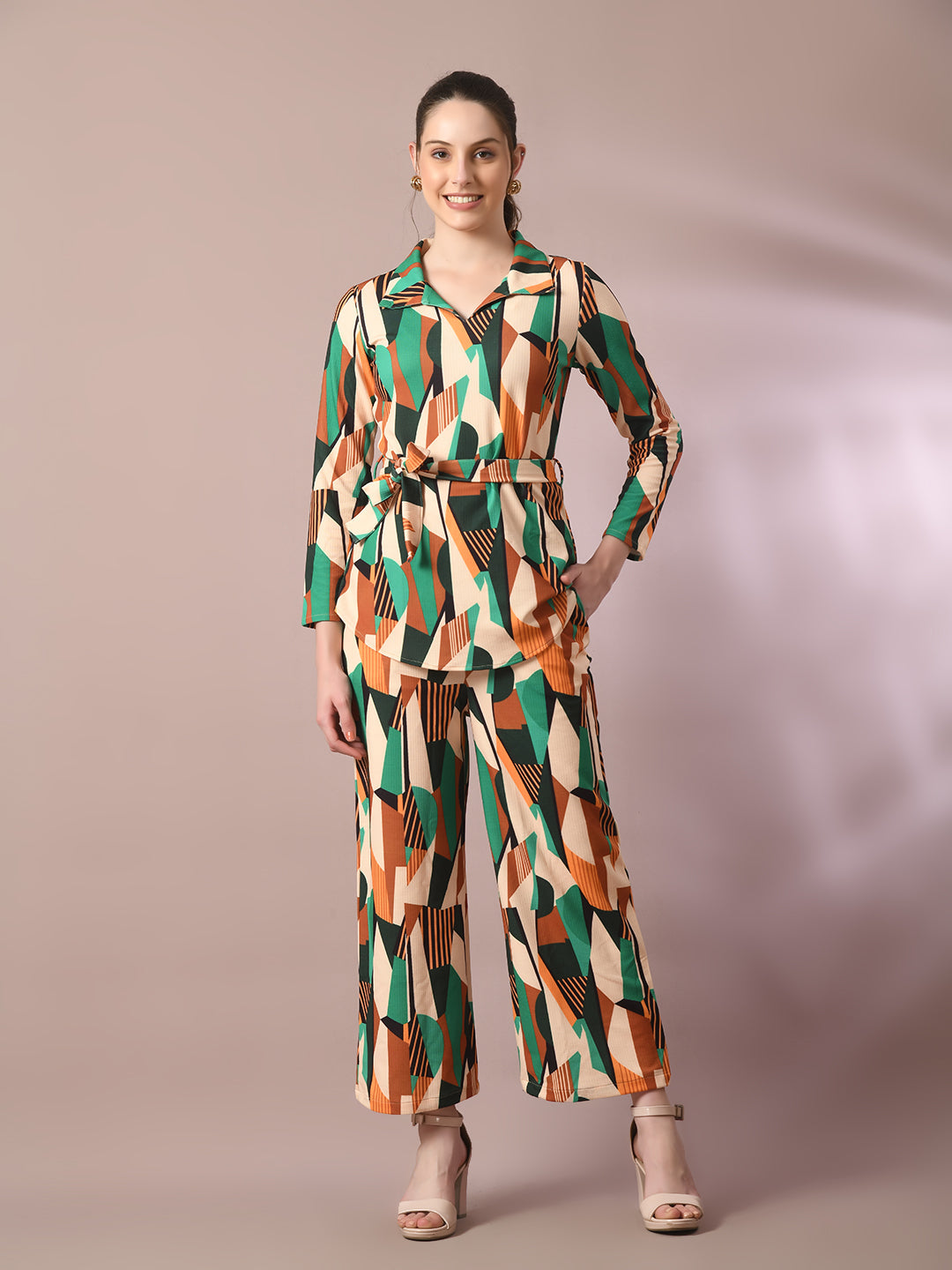 Women's  Multi Printed Polo Collar Party Top With Trousers Co-Ord Set