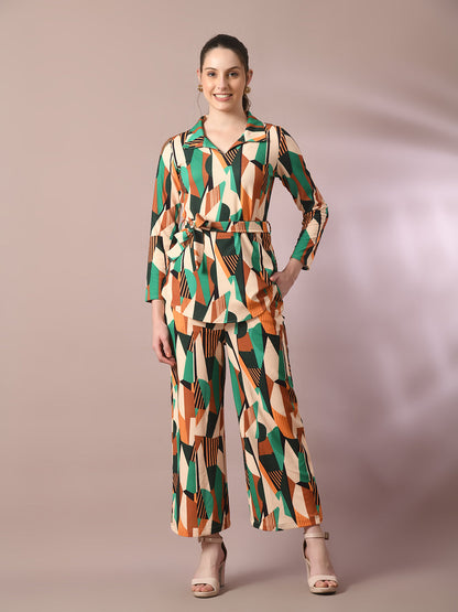 Women's  Multi Printed Polo Collar Party Top With Trousers Co-Ord Set